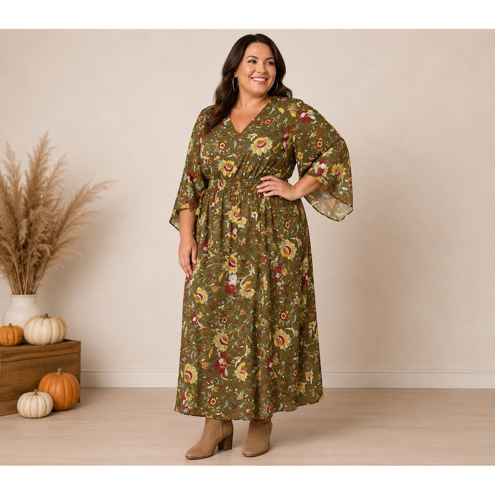 Belle Boho Smocked Waist Rustic Caftan Dress Women 4X Olive Floral Kimono Sleeve